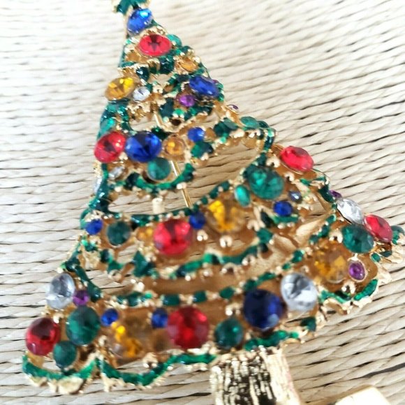 Christmas Tree Brooch Pendant Multi Color Rhinestones - Picture 6 of 12